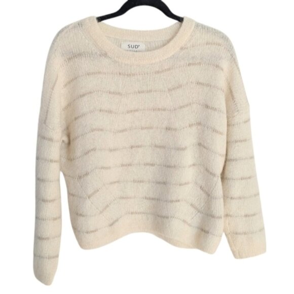 SUD EXPRESS round crew neck alpaca mohair cream beige tan striped sweater Large - Picture 1 of 9